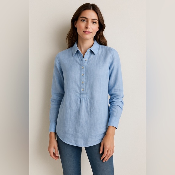 St Tropez women 100% Linen popover tunic rolltab breathable minimal Lagenlook Lg - Picture 1 of 8